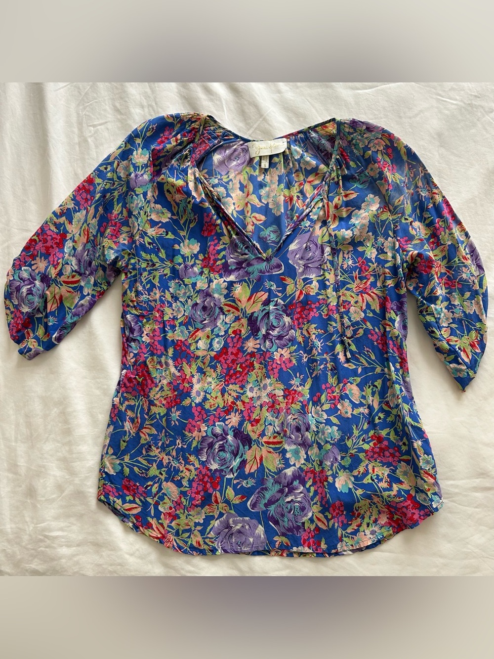 Yumi Kim blue floral 3/4 sleeve silk blouse